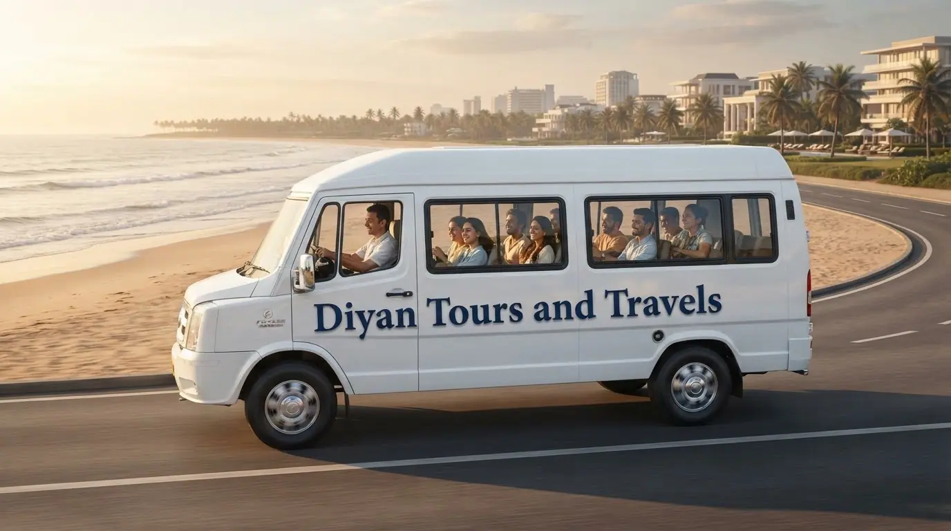 Illustration of passengers travelling together in a white Diyan Tours and Travels tempo traveller