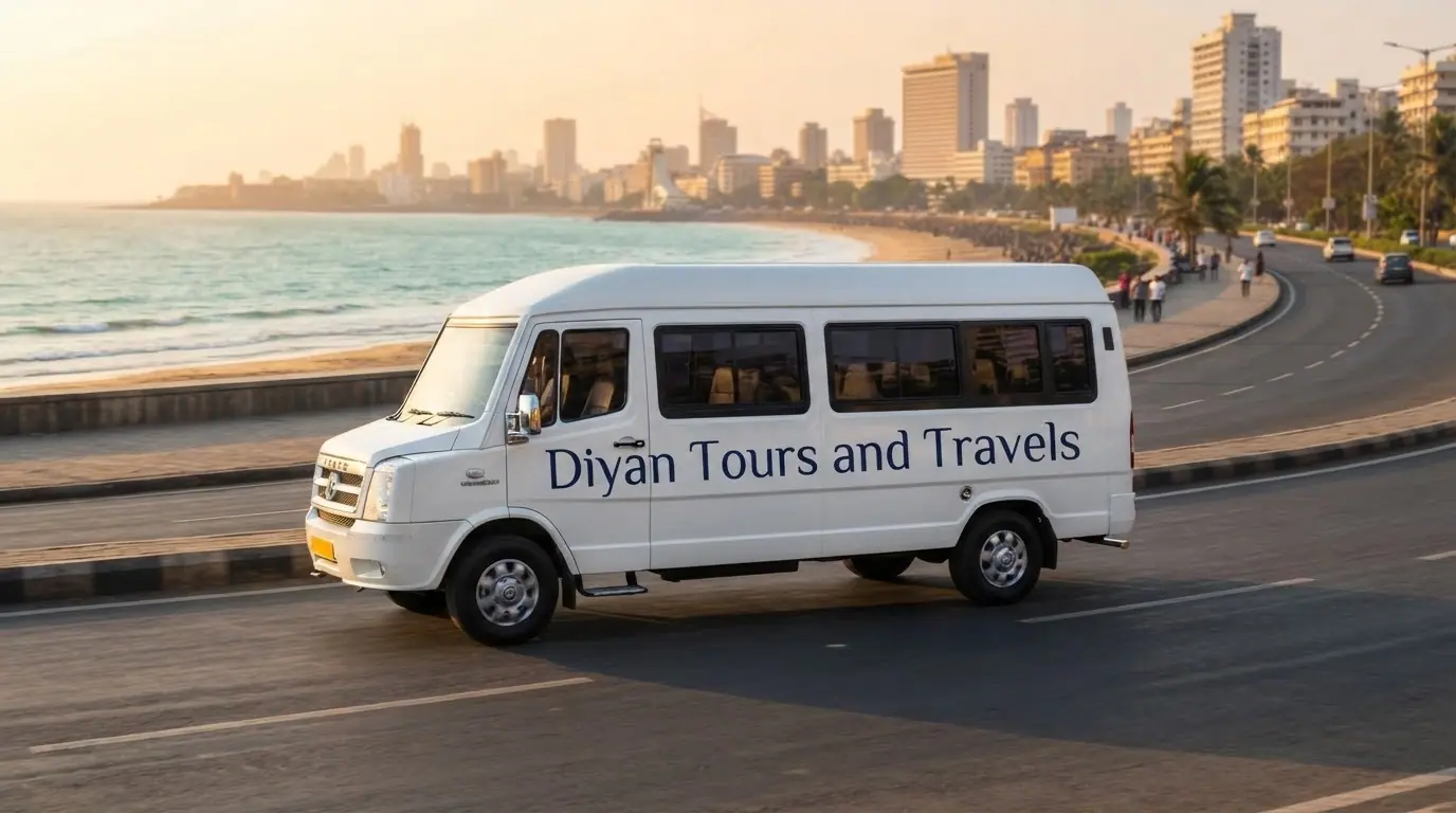 Illustration of a white Diyan Tours and Travels tempo traveller on a seaside road