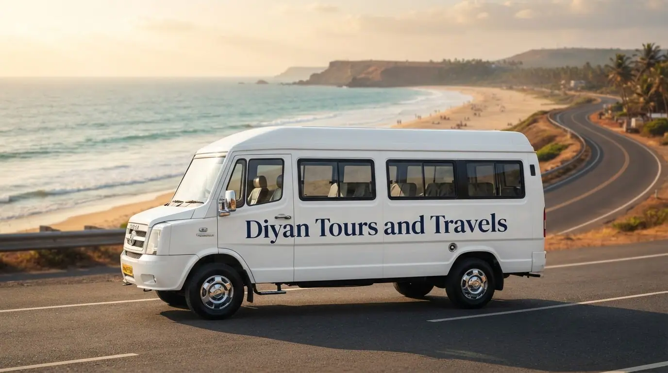 Illustration of a white Diyan Tours and Travels tempo traveller on a coastal road at sunset