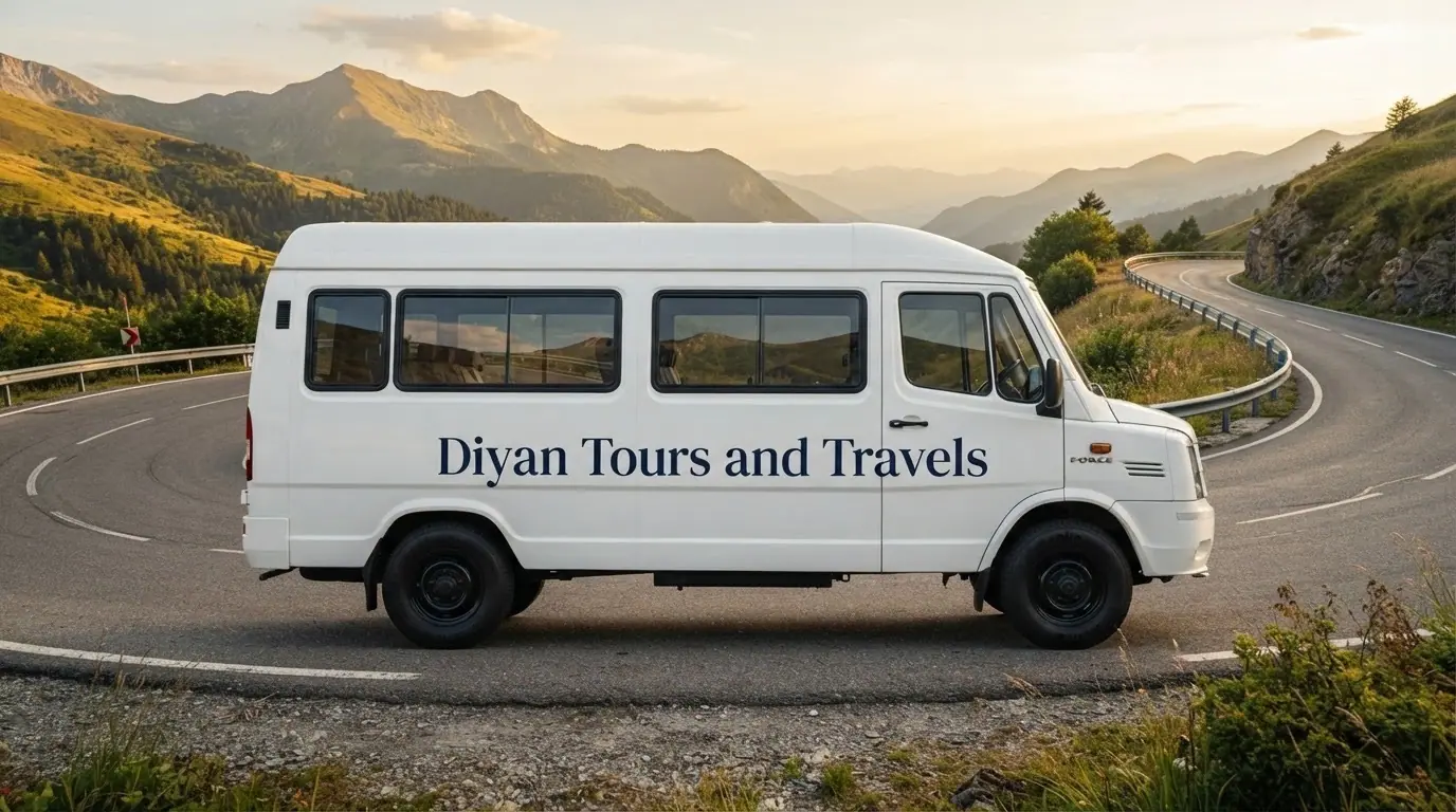 Illustration of a white Diyan Tours and Travels van on a winding mountain road