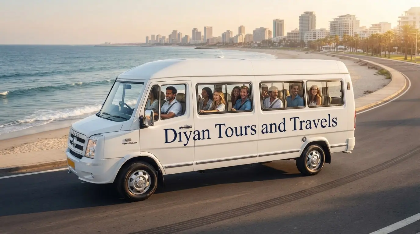 Illustration of a white Diyan Tours and Travels tempo traveller with passengers on a seaside road