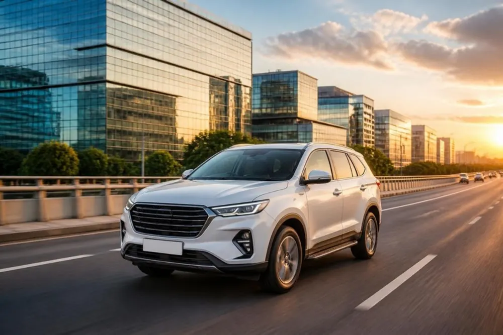 Illustration of a white SUV on an expressway past glass tech-park buildings at sunset