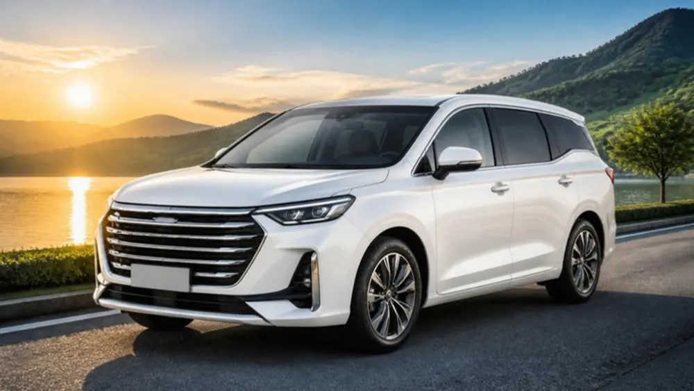Illustration of a white premium 7-seater MPV beside a lake at sunrise