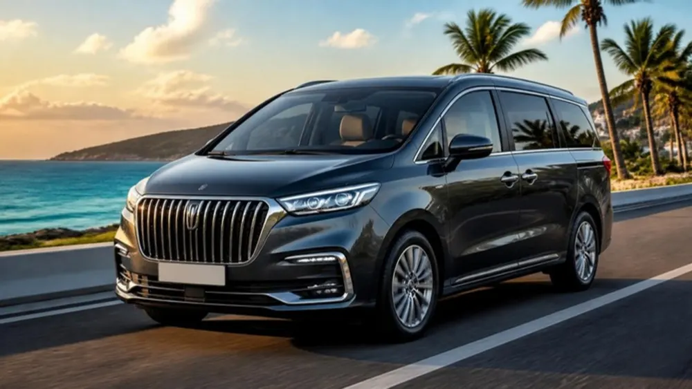 Illustration of a premium MPV on a palm-lined coastal road