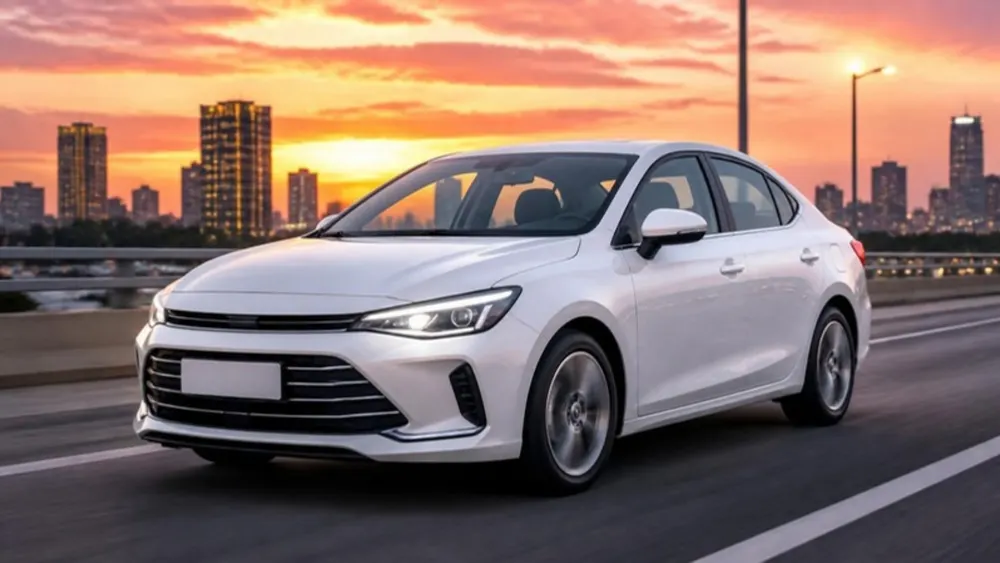 Illustration of a white sedan car on a city flyover at sunset