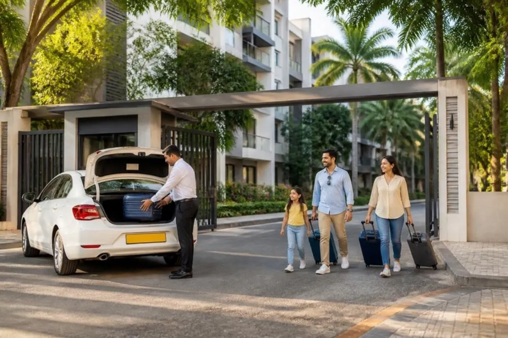 Illustration of a white cab collecting a family with luggage at the gate of an apartment community
