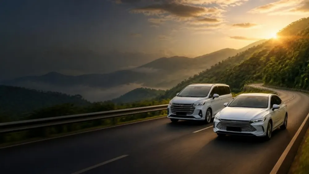 Illustration of a white sedan and a white MPV on a mountain highway at golden hour