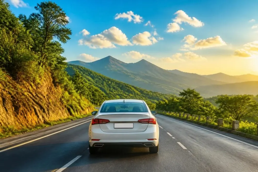 Illustration of a white sedan on a scenic highway through green hills toward the mountains